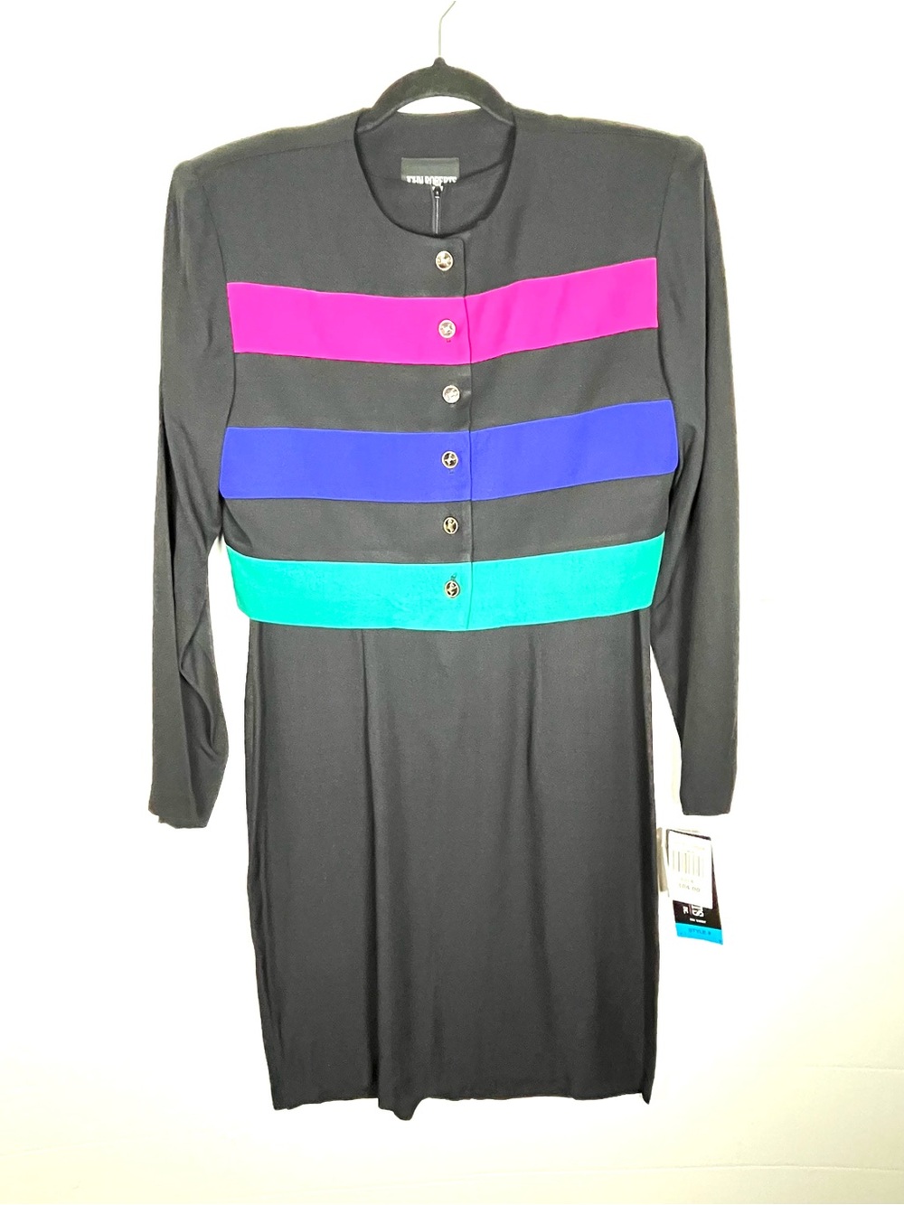 Black Midi Dress with Pink, Blue and Teal Bands